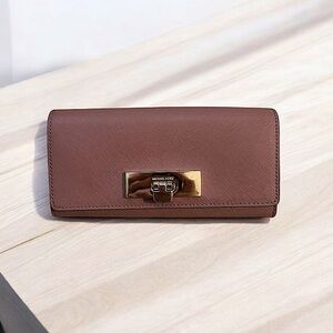Michael Kors Leather Wallet Brown/Pink Hue Gold Clasp Continental Card Organizer